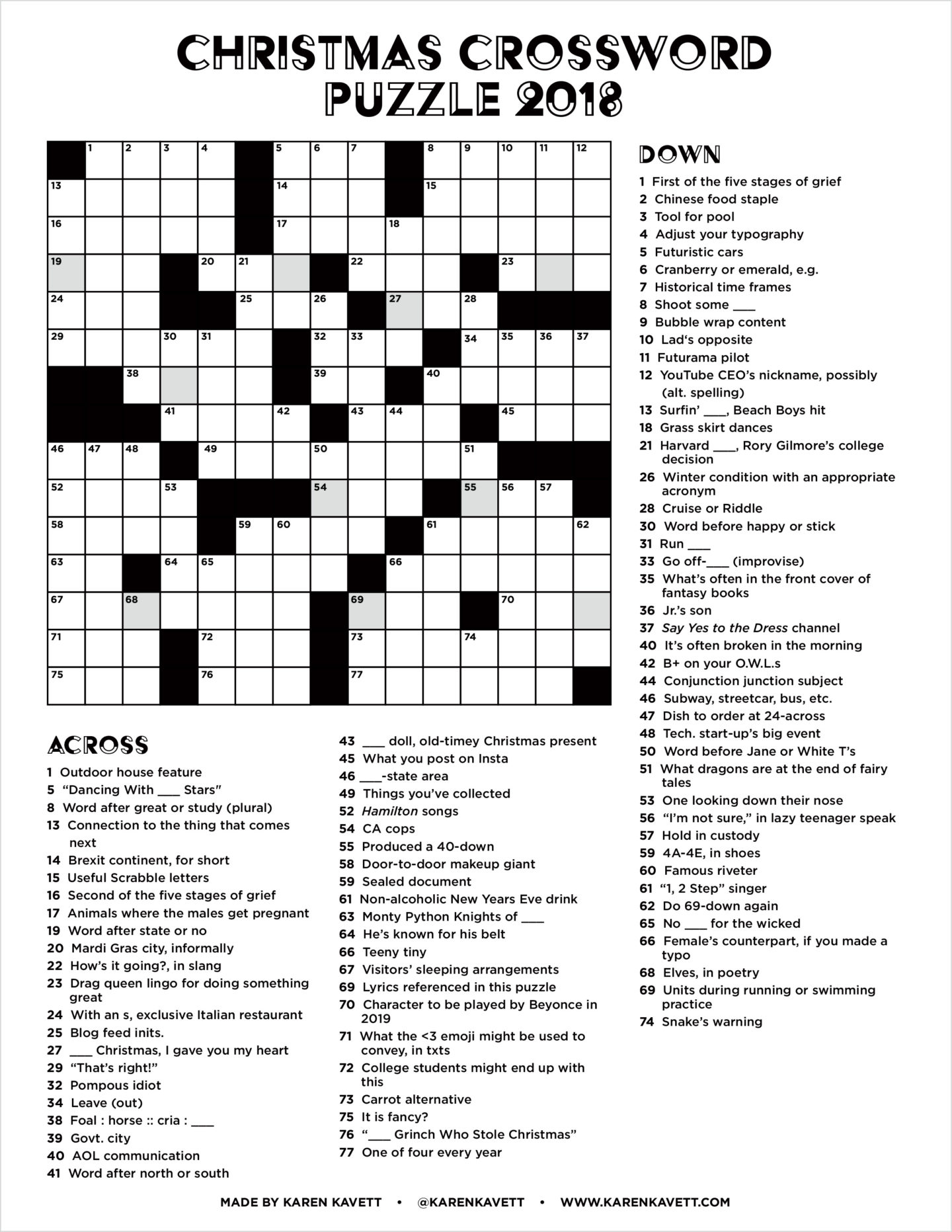 christmas crossword puzzle 2018 - karen kavett